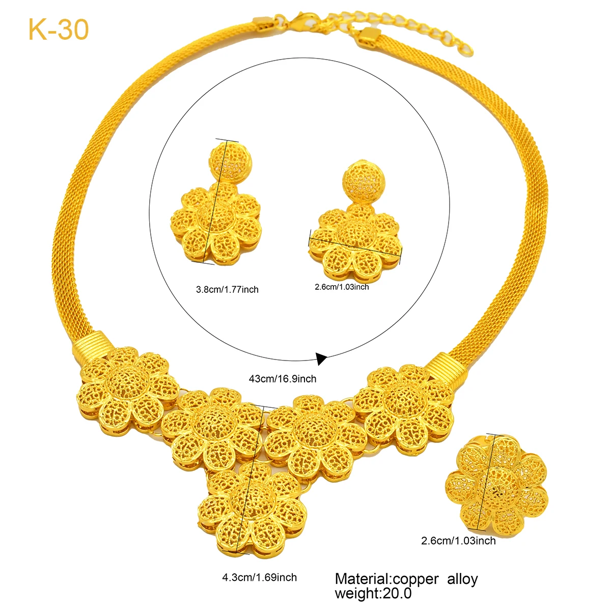 أطقم قلادة وأقراط على شكل زهرة بلون ذهبي للنساء ، طقم مجوهرات عربية ، هدايا حفلات زفاف إثيوبية ، دبي #6