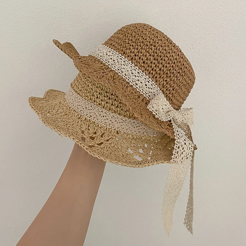 

New Summer Children's Straw Hats Baby Girls Breathable Lace Cap Bow Beach Sun Hat Kids Princess Travel Sunshade Hat