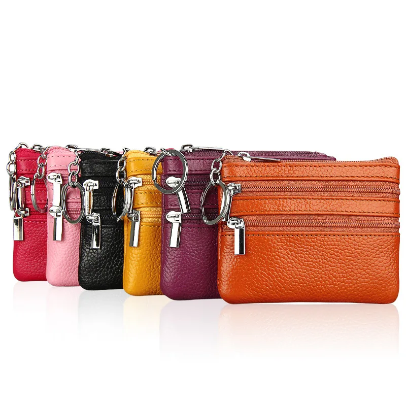 Mode Frauen Aus Echtem Leder Geldbörse Kleine Zipper Karte Halter Mini Pouch Ändern Brieftasche mit Keychain