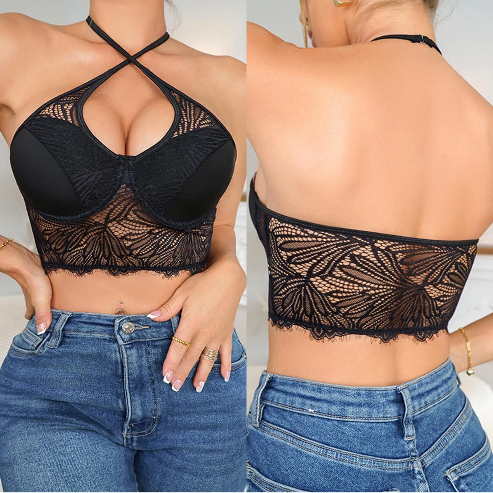 Women Sports Cross Vest Sexy Crop Tops Black Pure Wind Sexy Hot Hanging Neck Lace Halter V-Neck Crop Tube Tops Corset Mujer