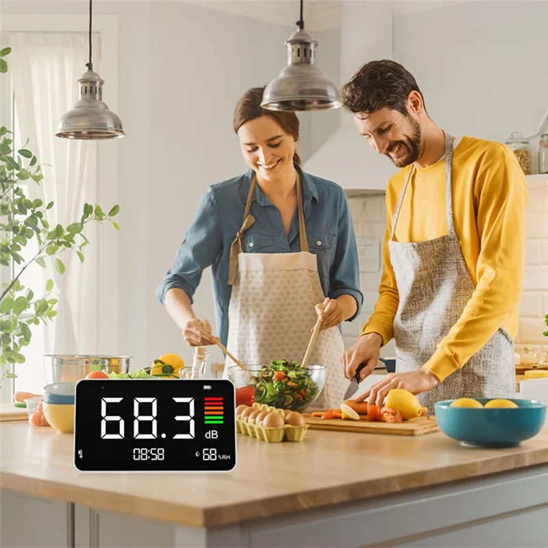 VEHO-Misuratore di livello sonoro da tavolo Misuratore di decibel digitale 30-130 DBA con rilevamento di temperatura e umidità per la biblioteca scolastica domestica DM219