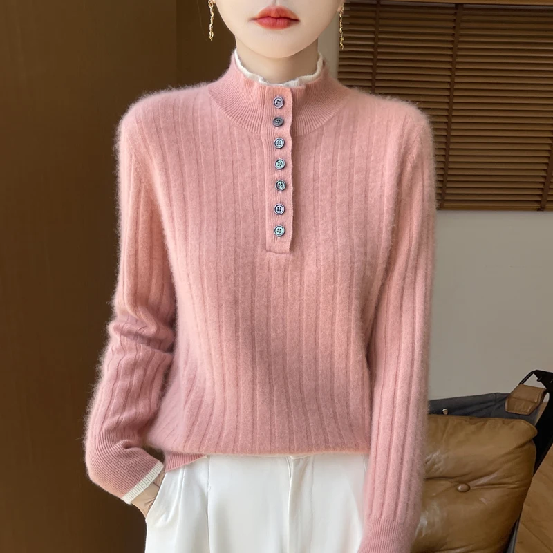 

100% Wool 2025 Winter Solid Color Hoodie Women's Cashmere Sweater Casual Knitted Women's Clothing Basic Soft Top