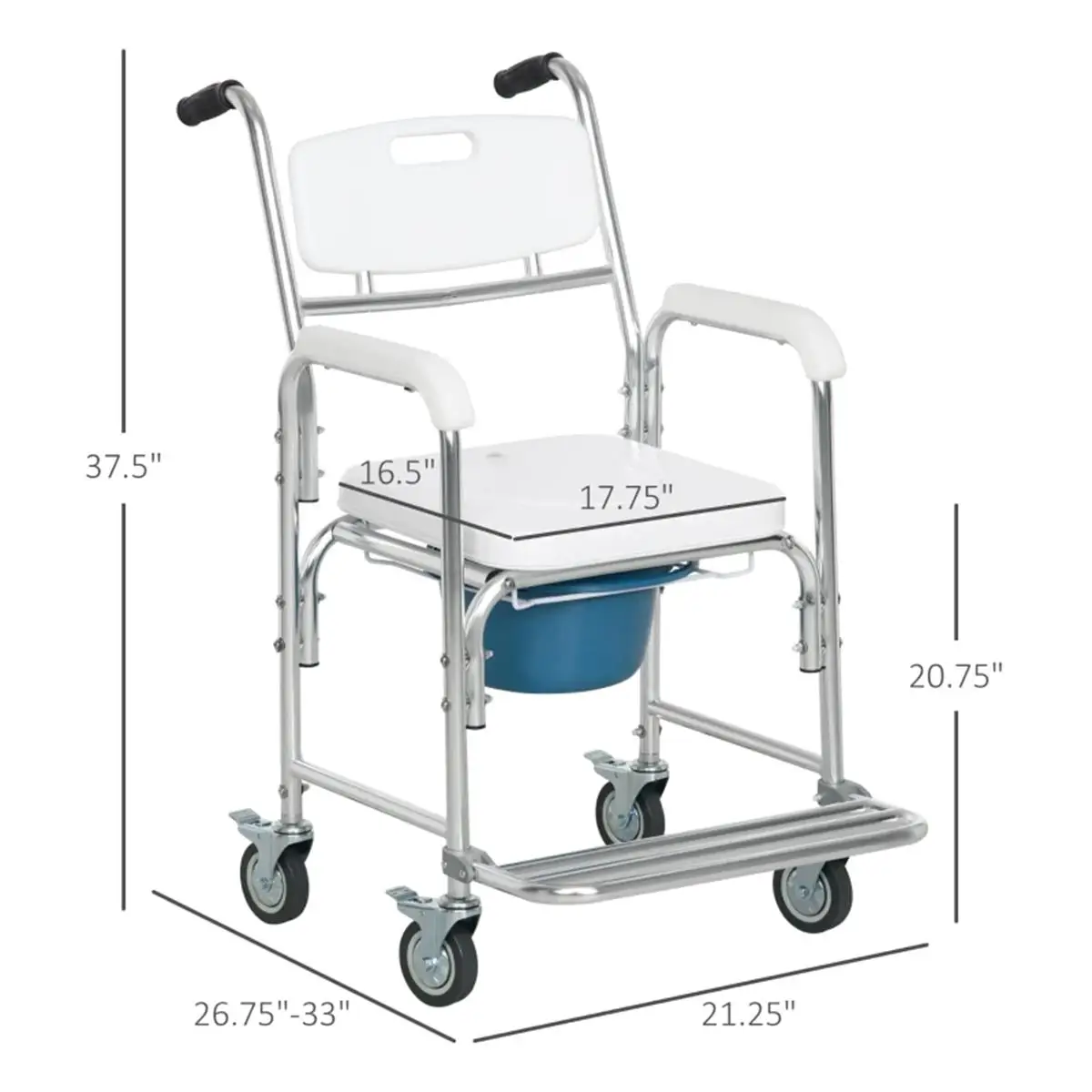 Waterproof Rolling Shower Commode Wheelchair with Padded Seat - Portable Toilet Chair for Easy Mobility