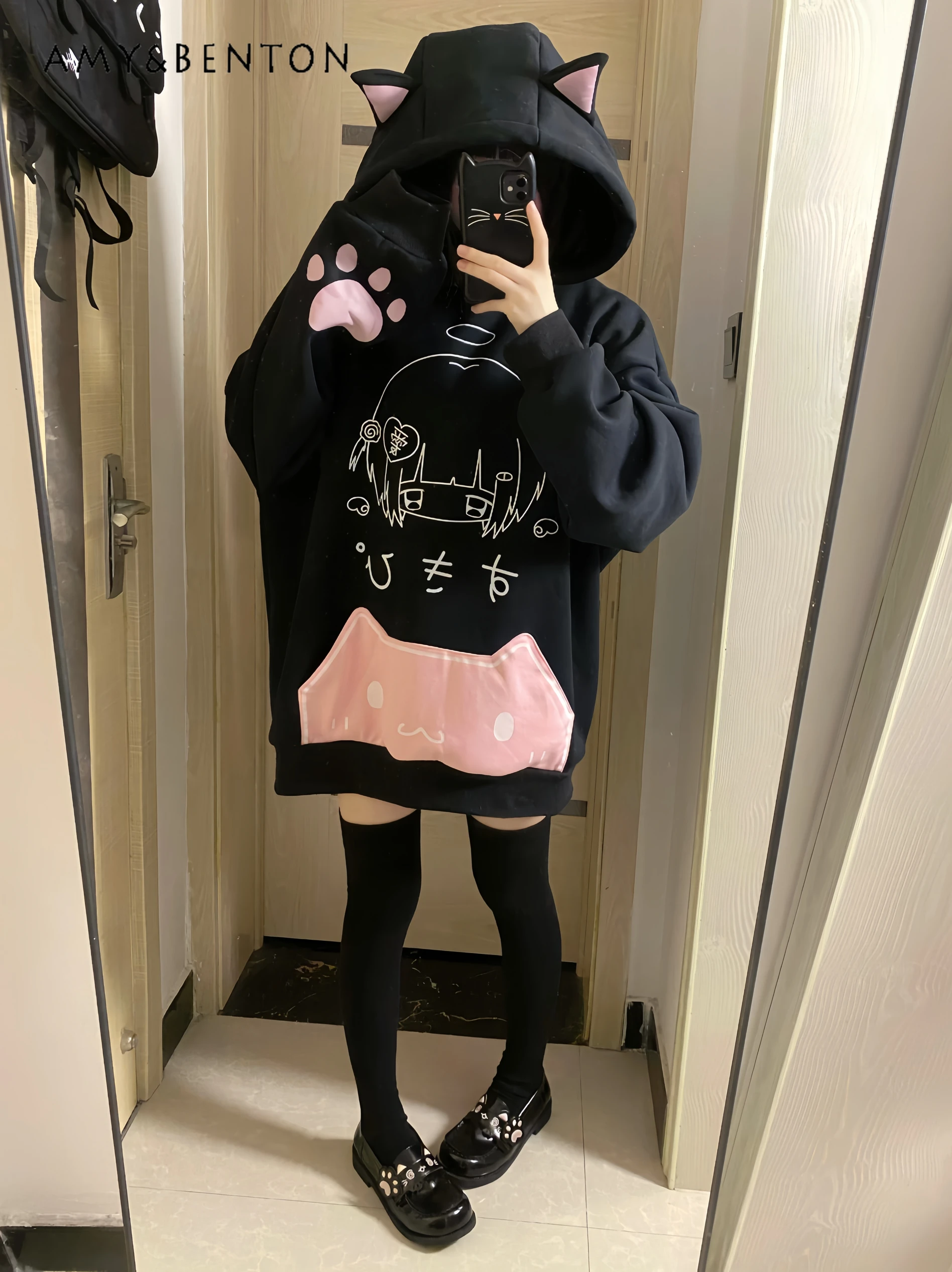 Two-dimensional Girl Cute Cat Ear Pure Cotton Velvet Loose Hoodies Animation Printing Sweet Cool Splicing Color Oversized Hoodie