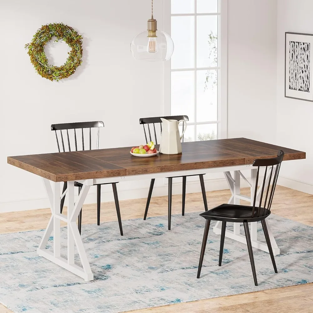 Farmhouse Rectangular Wood Dining Table for 6 People,with Heavy Duty Metal Legs for Dining Room (Brown/White)
