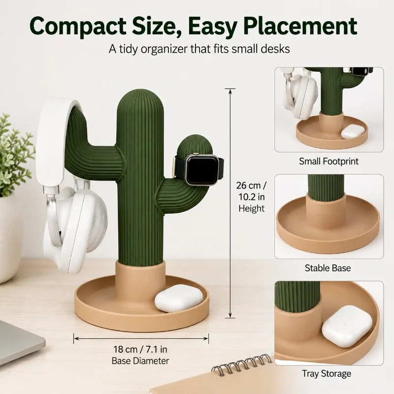 Minimalist Cactus Headset Stand Multi Use Desktop Organizer for Headphones Watch Earbuds Student Dorm Bedroom Office Storage view 4