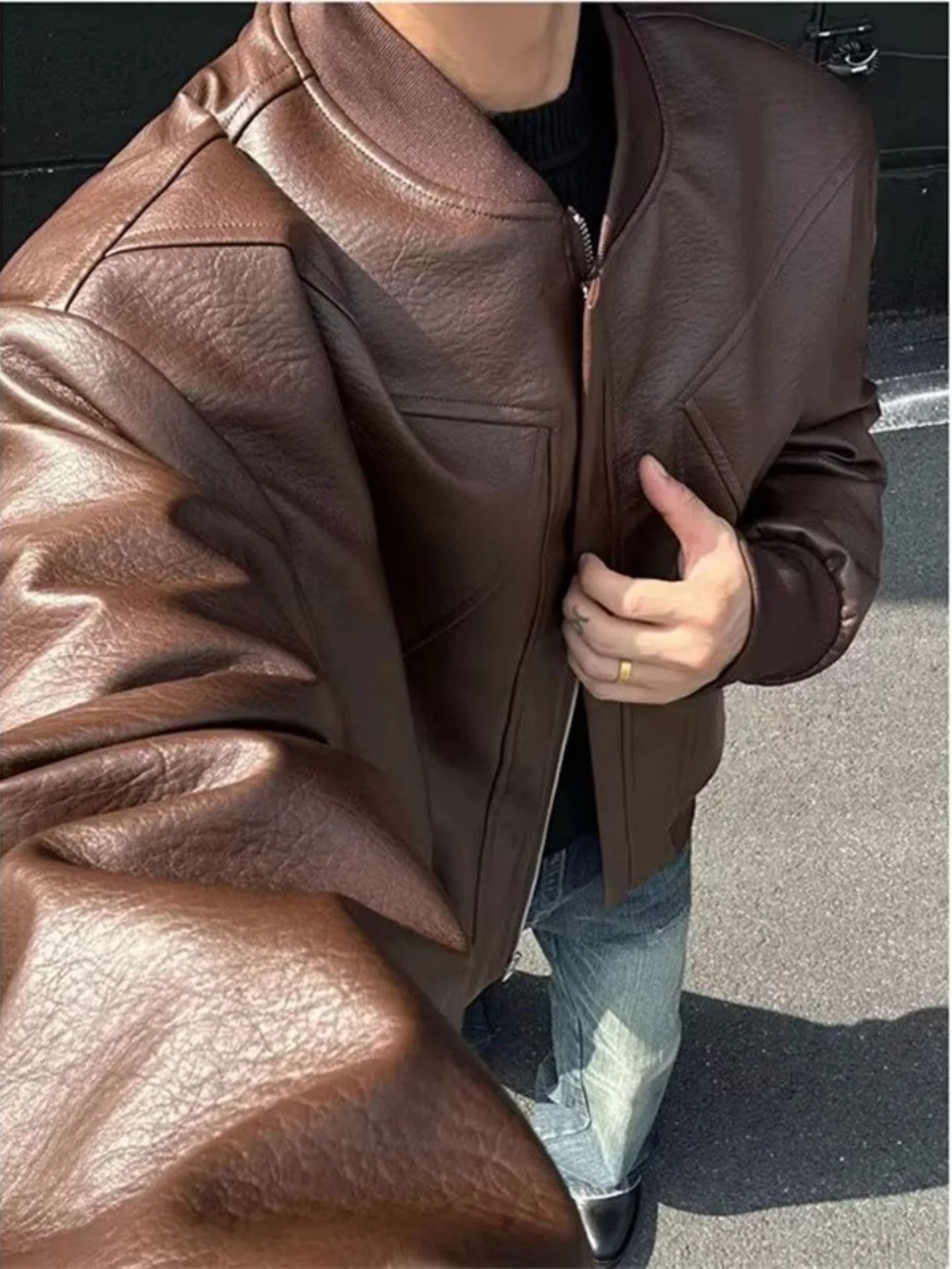 

Утепленная мужская куртка из искусственной кожи, свободного кроя, зимнее пальто с воротником-бомбером, хлопковая одежда, модная теплая куртка с длинными рукавами на молнии