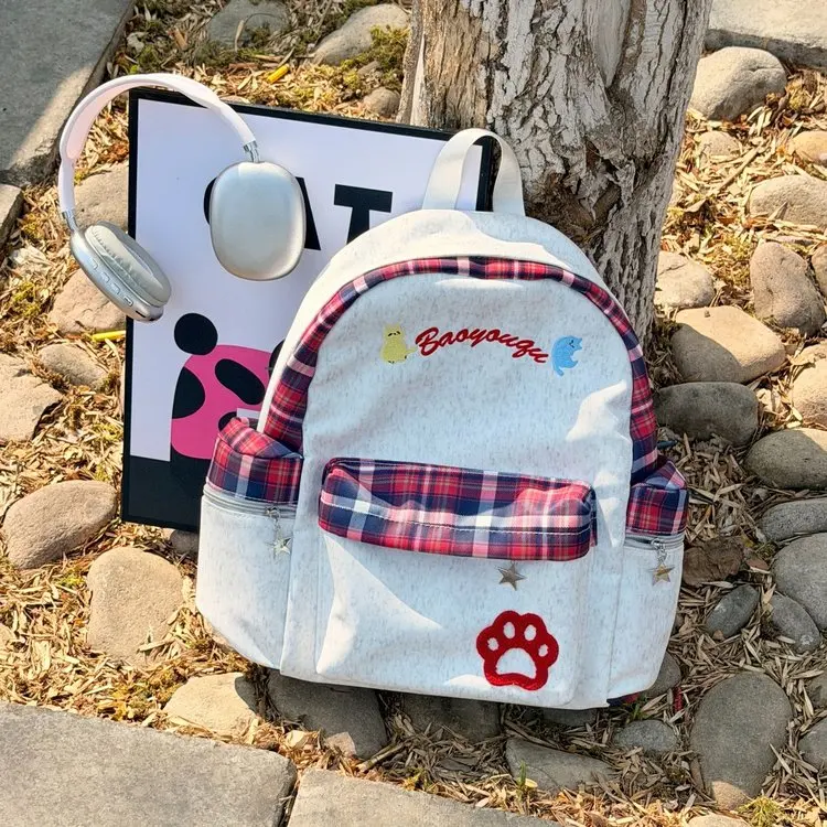 Adorable  Cartoon American Retro Plaid Women's Backpack Lightweight Large Capacity Student Bookbag Youth Fashion School Bag