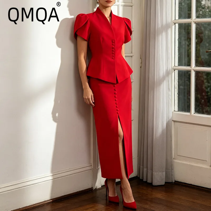QMQA Fashion Women's Solid Spliced Button Slimming Two Piece Set With V Neck Puff Sleeve Jacket High Wait Midi Skirt Sets 2027