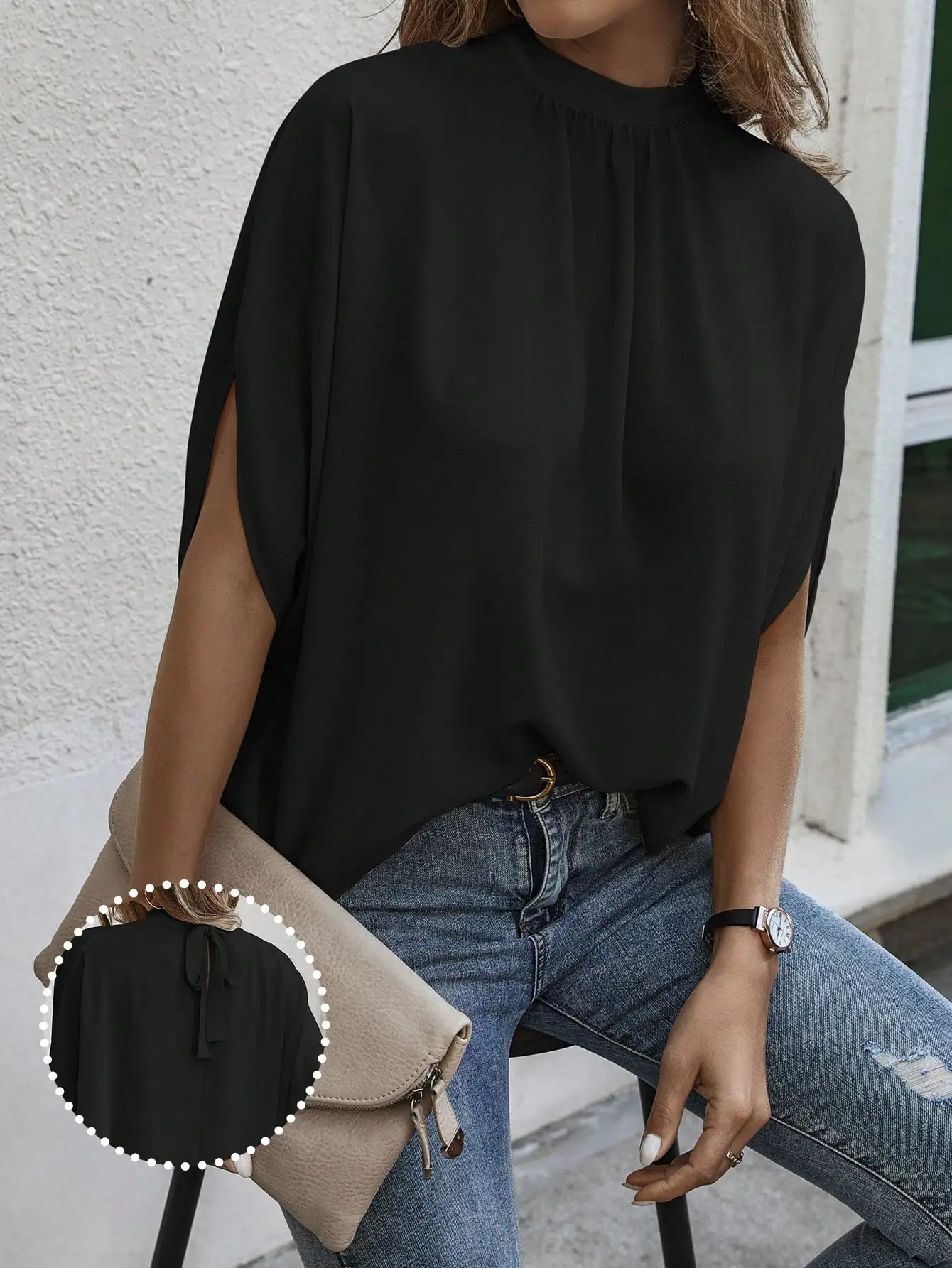 

Black Batwing Sleeve Solid Blouse with Tie Back Detail