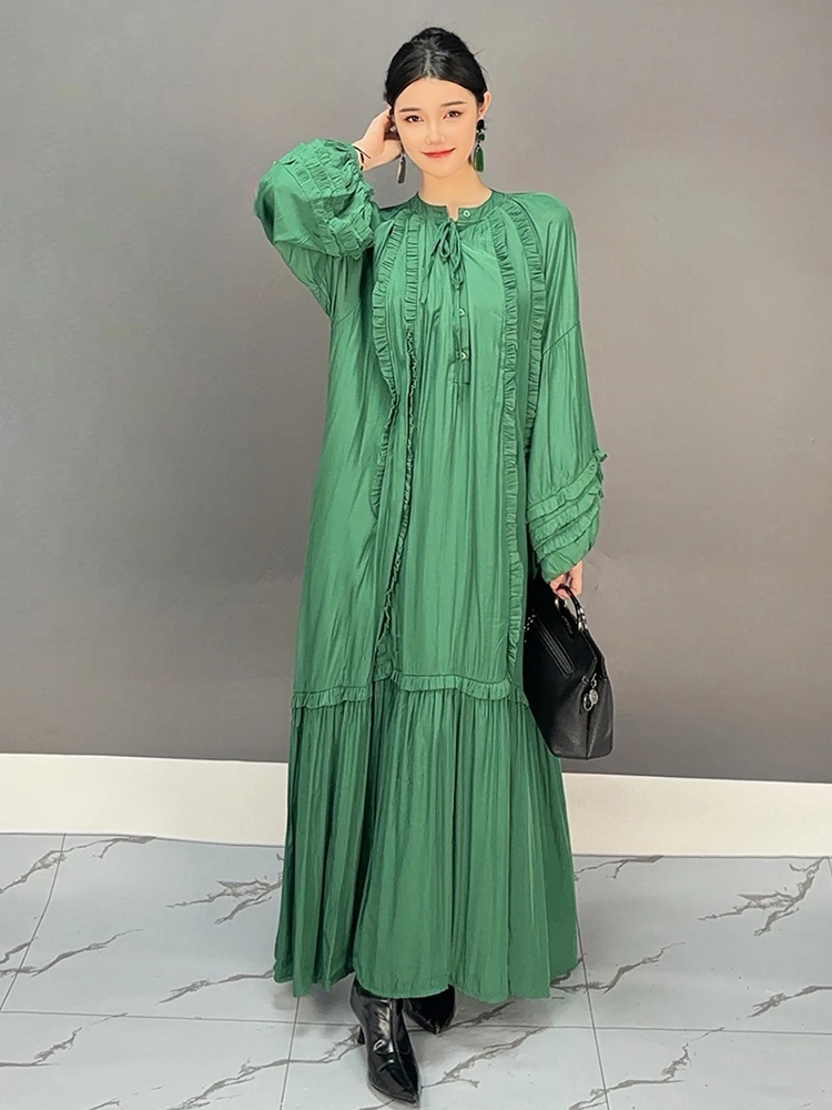 SHENGPALAE Fashion Loose Fungus Long Dresses Women Full Lantern Sleeve Solid Color Lace-up Elegant Lady New Dresses 5C1610