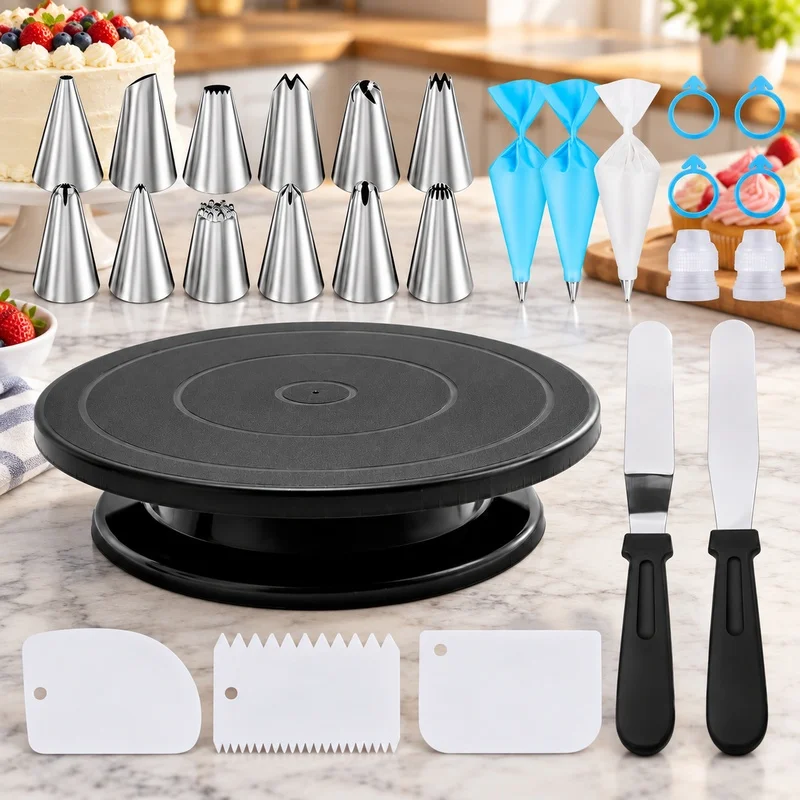 76-Piece Cake Decorating Kit Featuring Non-Skid Turntable Stand for Cookies, Cream, and DIY Baking Enthusiasts