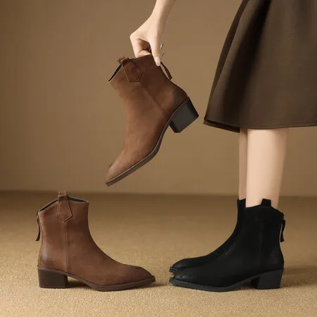 

Autumn Chelsea Boots Women Cow Suede Leather Shoes For Women Pointed Toe Ankle Boots Chunky Shoes Winter Western Boots 69