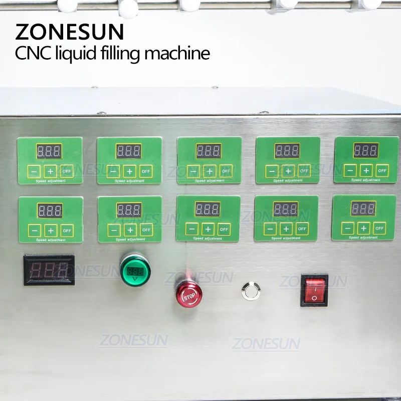 ZONESUN-디지털 컨트롤 펌프, 액체 에센셜 오일 물 주스 Cnc 10 헤드 3-4000ml 충전 기계