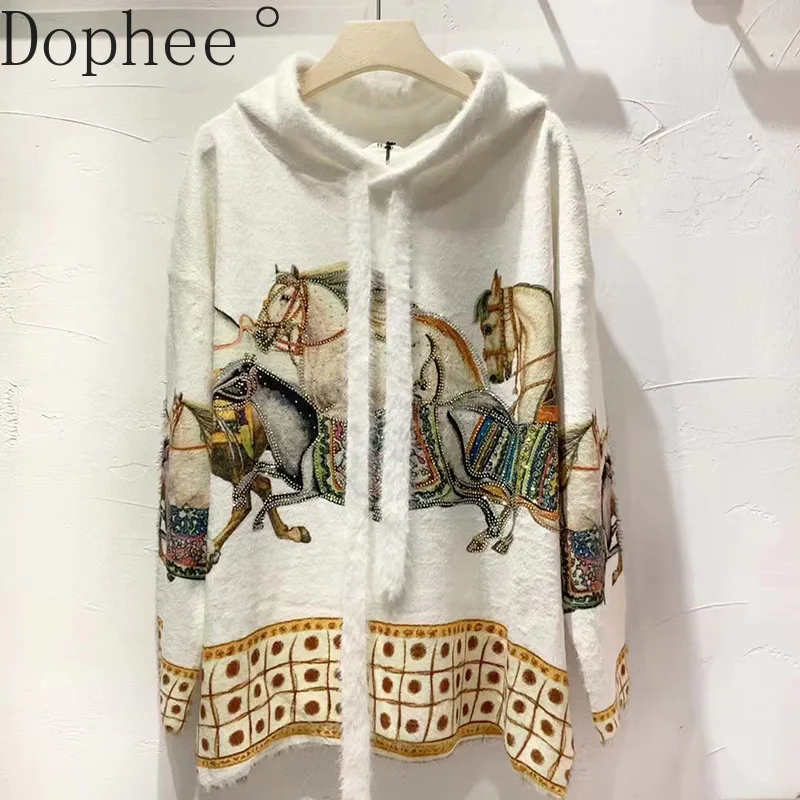 

Imitation Mink Velvet Autumn Winter Hooded Pullover Top Hot Drilling Loose Students Knitted Sweater Women Long Sleeve Jumpers