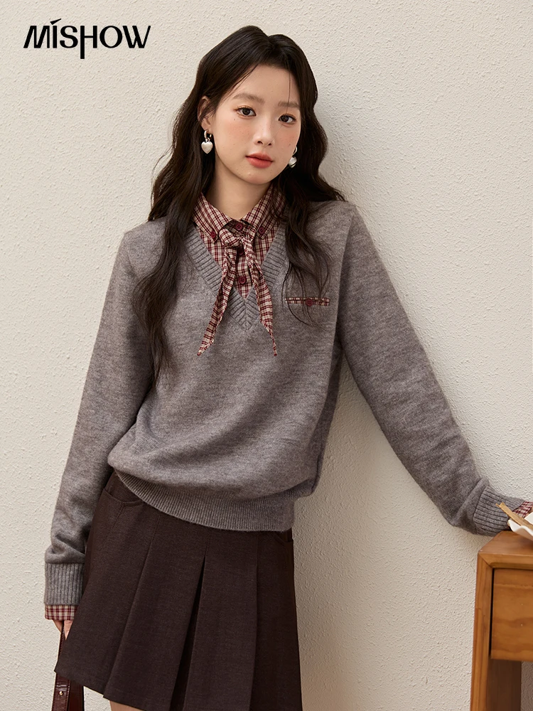 

MISHOW поддельный вязаный свитер из двух предметов для женщин, зима 2025 г., клетчатый отложной воротник, съемный шарф, свитер MXE89Z2605