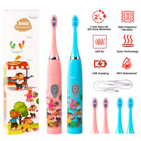 Children Sonic Electric Toothbrush Colorful Cartoon For Kids USB Rechargeable Soft Automatic Waterproof With Replacement Head