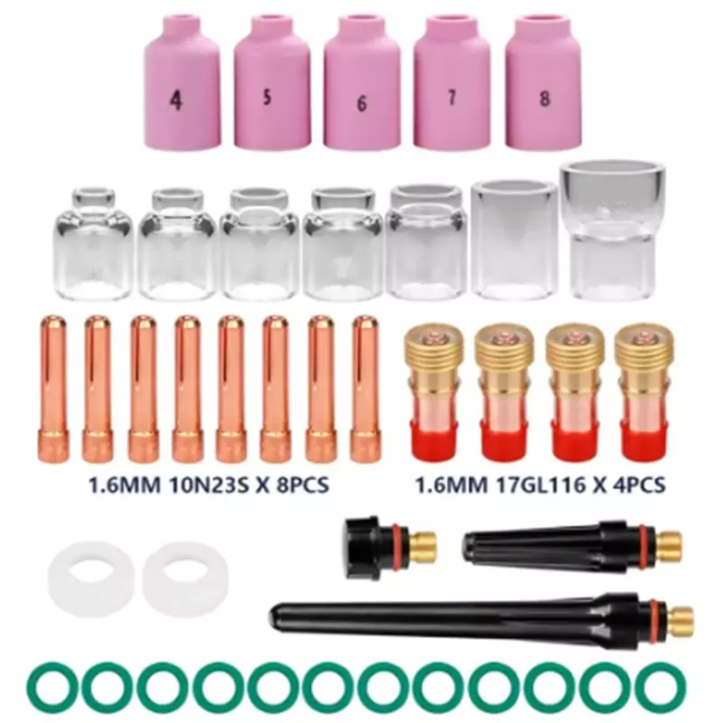 أجزاء الشعلة A41I-للحام WP17/18/26 TIG 41 قطعة غطاء حلقة فوهة الشعلة عدسة الغاز 4-12 مم طقم أكواب زجاجية بيركس، 1.6 مم متضمنة #2