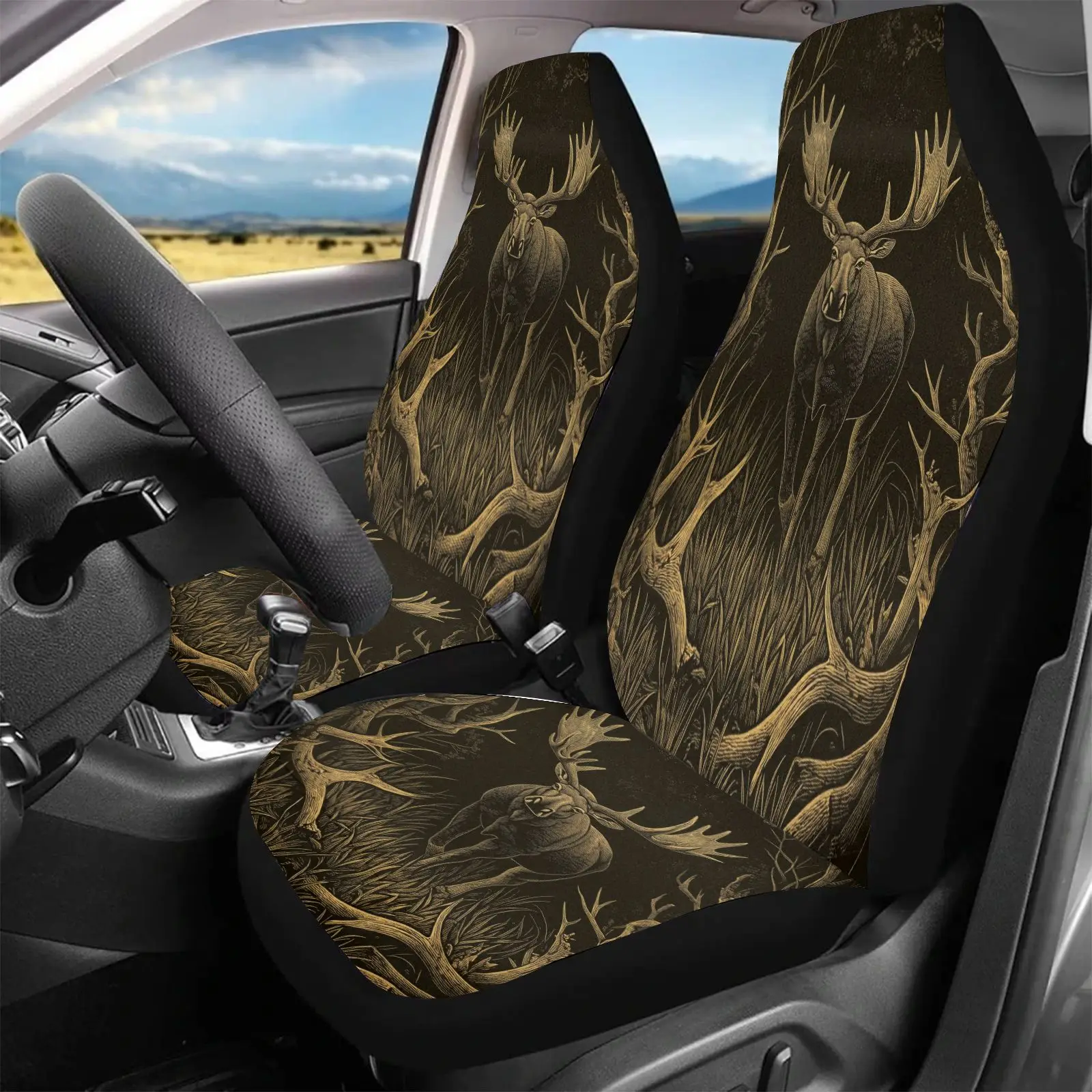 Car Seat Covers Brown Elk Pattern | Non- Polyester Fabric, Universal Fit For Outdoor Adventure And Hunting Enthusiasts