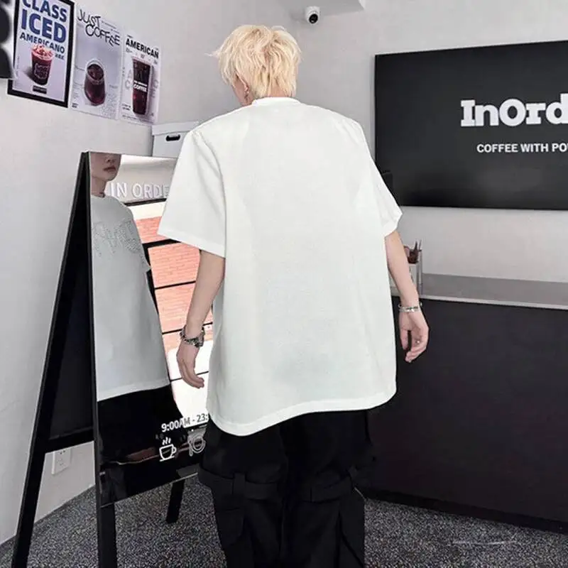 LUZHEN 2026 Summer Pearl Decorate Patchwork Letter Short Sleeve T-shirts Men's Fashion Shoulder Pad Round Neck Male Tops JY6557
