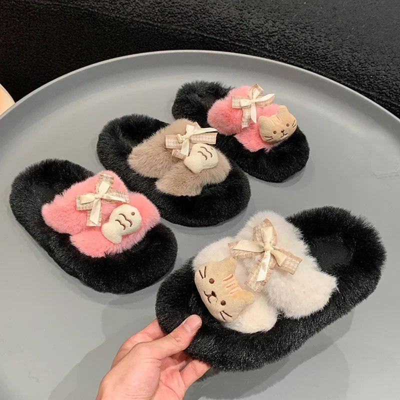 Multi Colored Girls Slippers Small Fish Kitten Bow Anti Slip Warm Winter Suede Casual Flat Heel Slippers Sandalias De Mujer