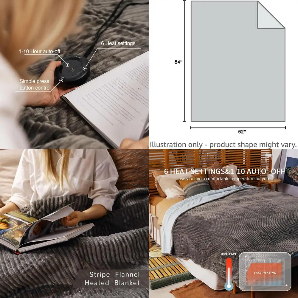 

Twin Size 62x84 Electric Blanket with 6 Heat Levels, 1-10 Hour Auto-Off, and Machine Washable (Grey)