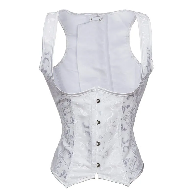 S-6XL Women's White Black Brocade Steel Boned Steampunk Tesla Underbust Corset Bustier Waist Cincher Vest Corselet Top Plus Size