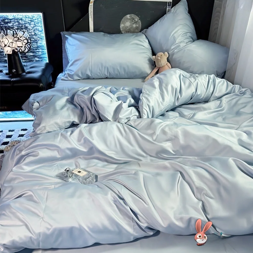 

Летний комплект постельного белья из четырех предметов из ледяного шелка для мужчин, сине-черный, из стираного шелка, пододеяльник, простыня, для студенческого общежития