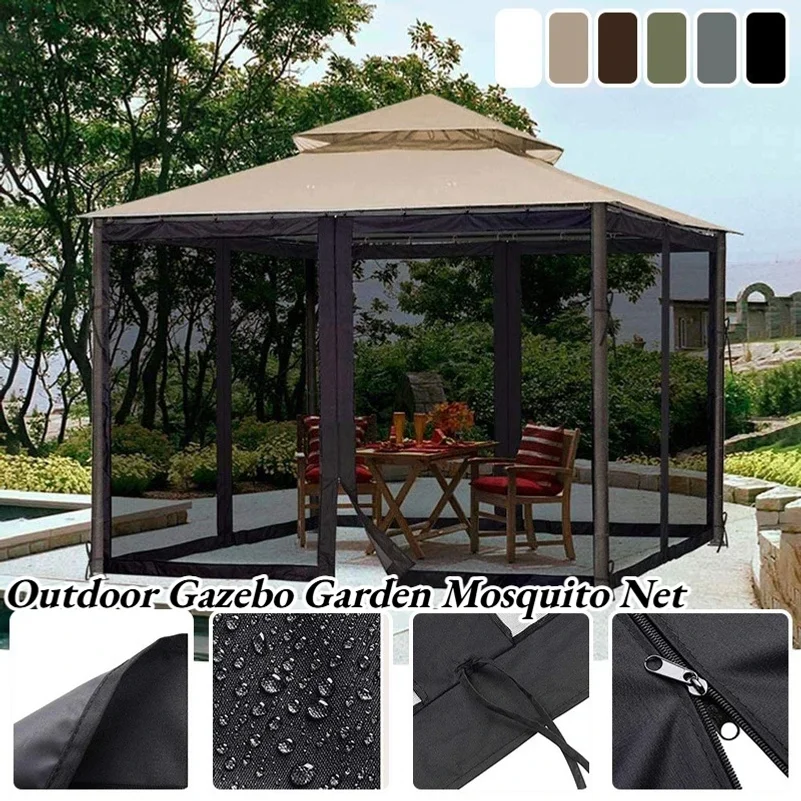 Waterproof Universal Gazebo Mosquito Netting 4 Door Zipper Curtain Replacement Mesh Screen Outdoor Garden Patio Canopy Net