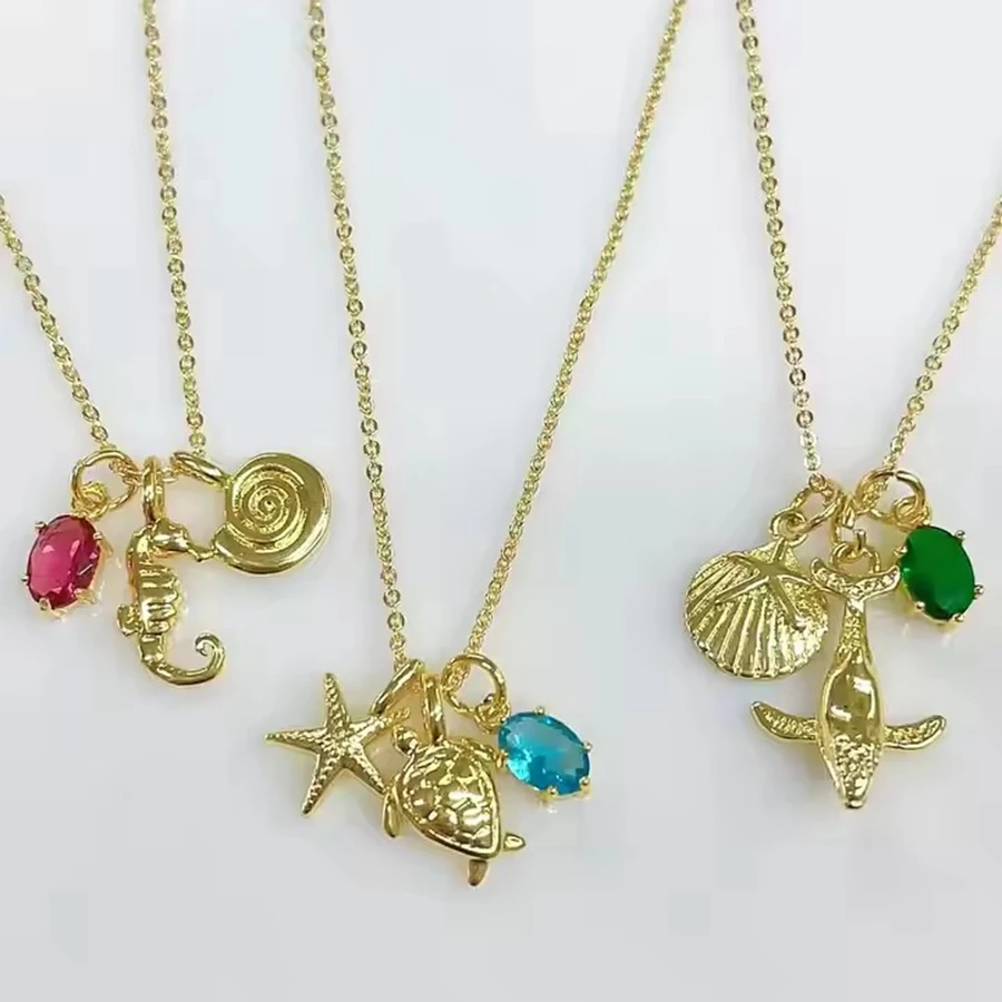 10Pcs Dainty Fashion 18k Gold Plated CZ Oval & Starfish Turtle Seashell Seahorse Whale charms pendant Sea Marine Chain necklace