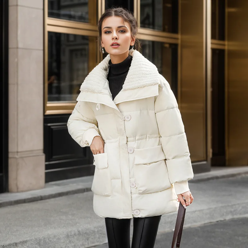 

Хлопковая куртка из овечьей шерсти с лацканами для женщин, длинный стиль, 2025, зимняя женская хлопковая куртка с 2 карманами, утепленные теплые пальто, женская куртка