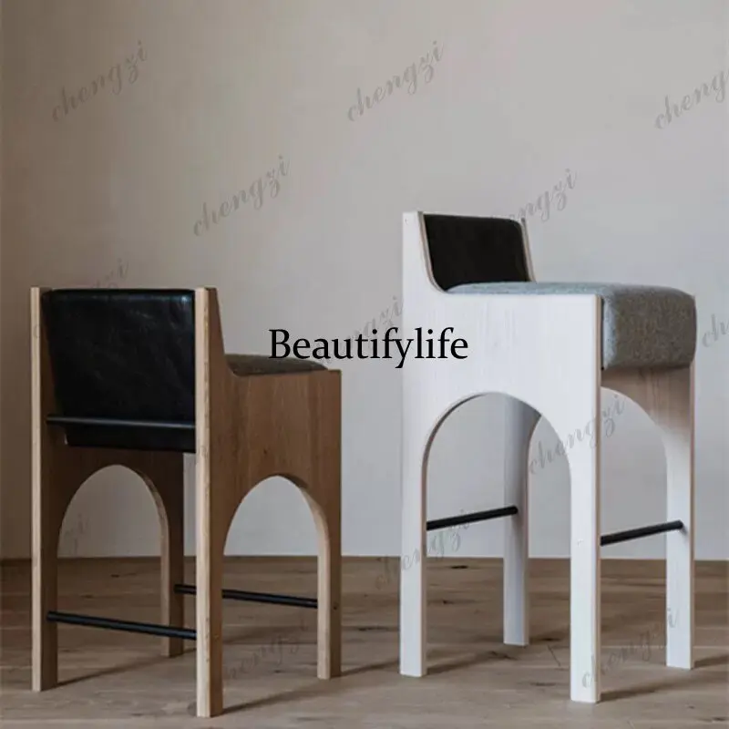 A74 Modern simple medieval style home island high backrest bar stool, creative solid wood dining chair