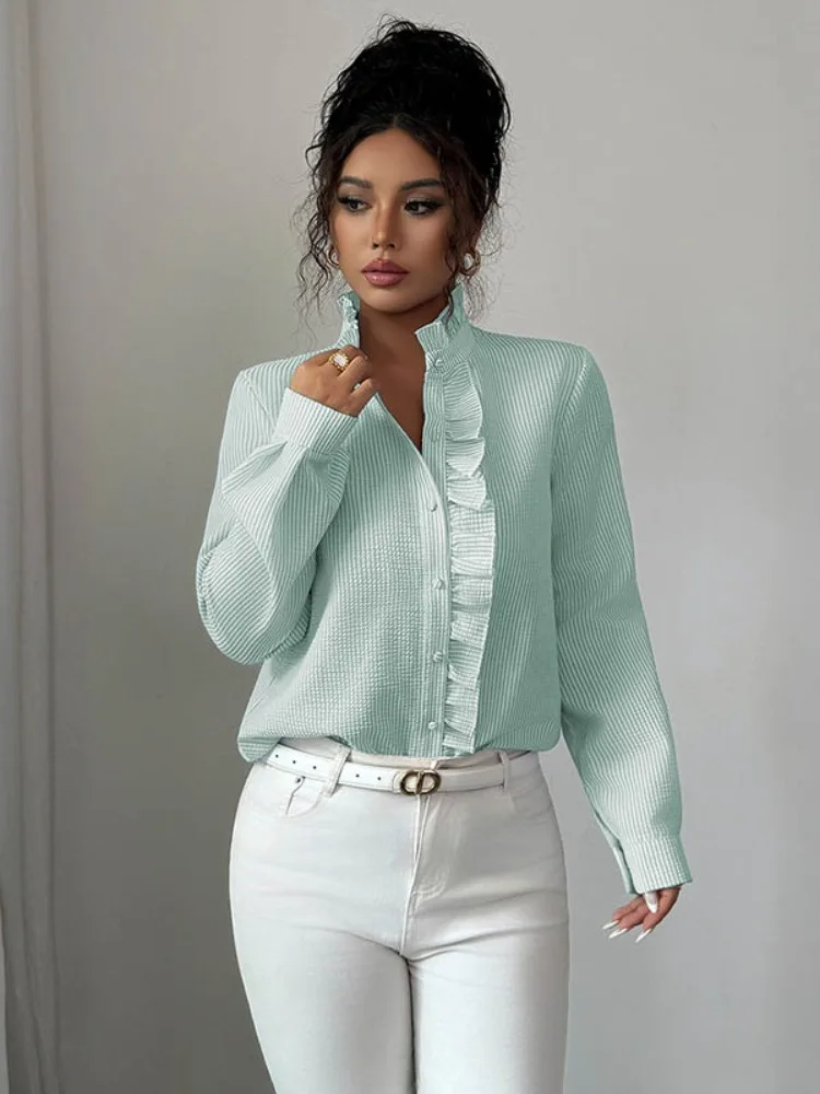 Uoozee femmes rayé col montant à volants Blouses à manches longues coupe ample bureau décontracté usage quotidien mode chemise hauts 2026 nouveau