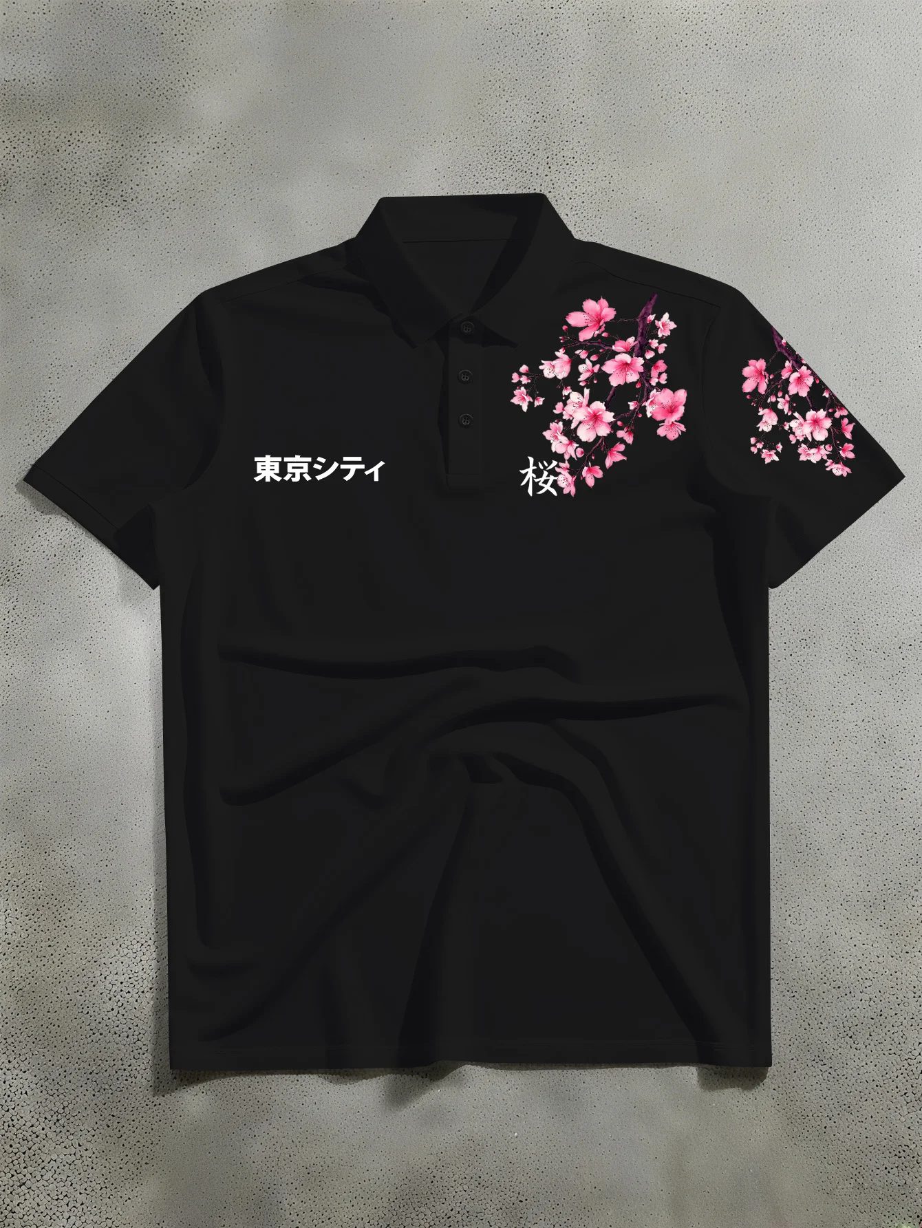 New Men's Short Sleeved Polo Lining, American Retro Style, Cherry Blossom Floral Printed Polo Shirt