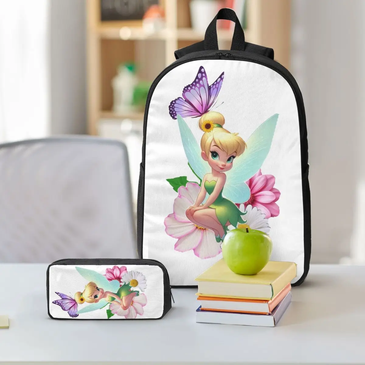 تينكر بيل أجنحة القوس بيتر بان ظهره صبي الفتيات BookBag حقيبة مدرسية حقائب كتف الكمبيوتر 3ps معزول حقيبة الغداء مقلمة