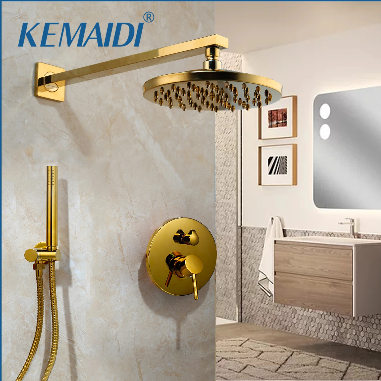 

KEMAIDI Golden Plated Bathroom Shower Faucet Set Rainfall Shower head Solid Brass Shower Systerm Wall Mounted Bath Faucets Mixer