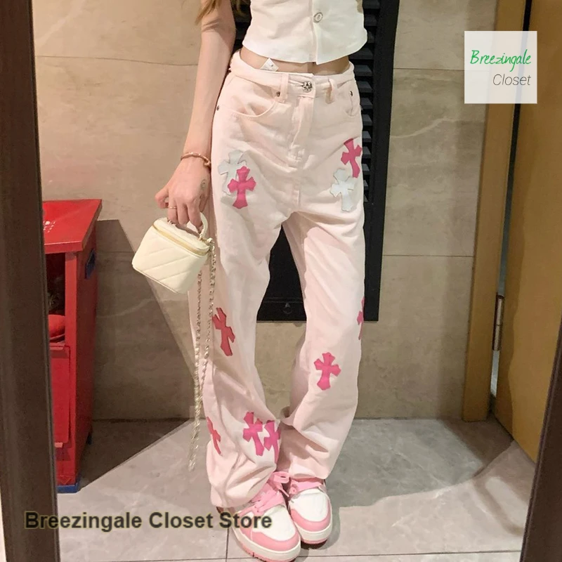

Korean style pink cross leather jeans female autumn and winter new high waist loose slim commuter straight wide-leg pants.
