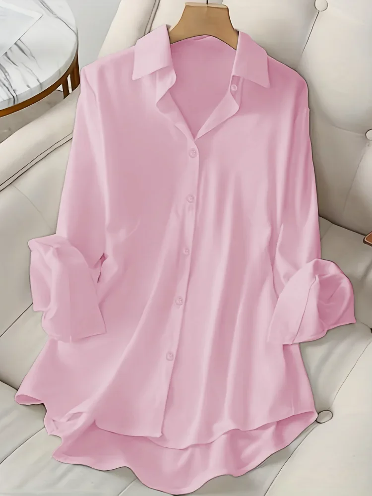 PLUS ขนาดผู้หญิง Essential OVERSIZE เสื้อสีชมพูเสื้อสีทึบอเนกประสงค์ Lapel Thin Travel Single-breasted เสื้อธรรมดาเสื้อผ้า