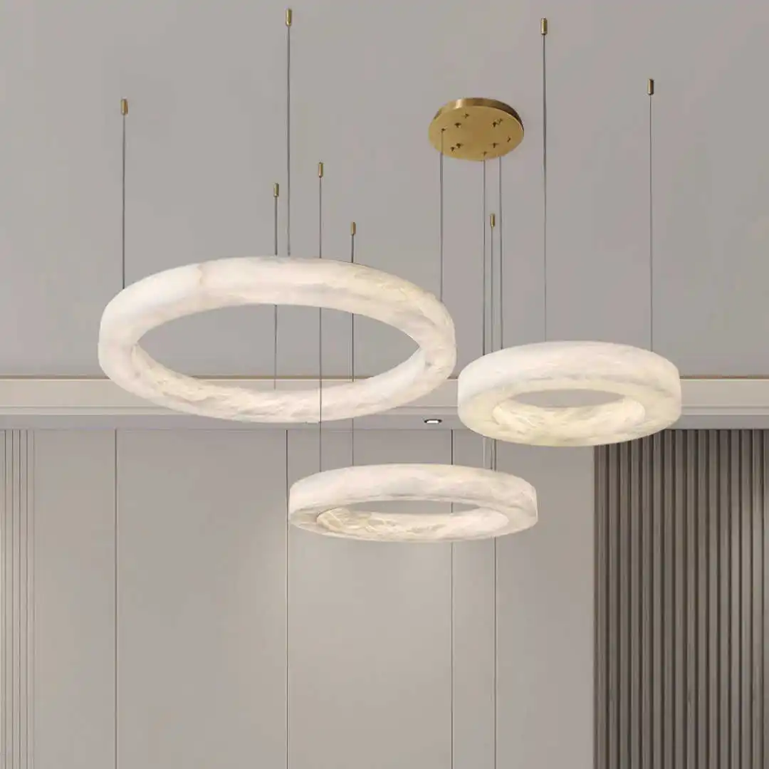 Custom Indoor Decoration Lighting Restaurant Modern Luxury Alabaster Marble Lampshade Adjustable Height Ring Pendant Light