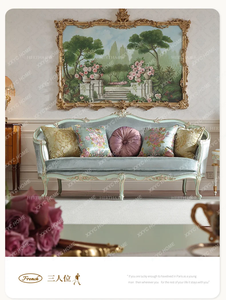 fabric sofa combination beech light luxury retro style solid wood carving flower