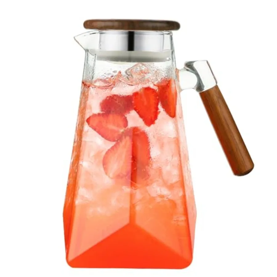 

1.8 Liter 60 oz Glass Pitcher with Wooden Lid and Handle - Heat-Resistant Borosilicate Jug with Trident Star Design Perfect for