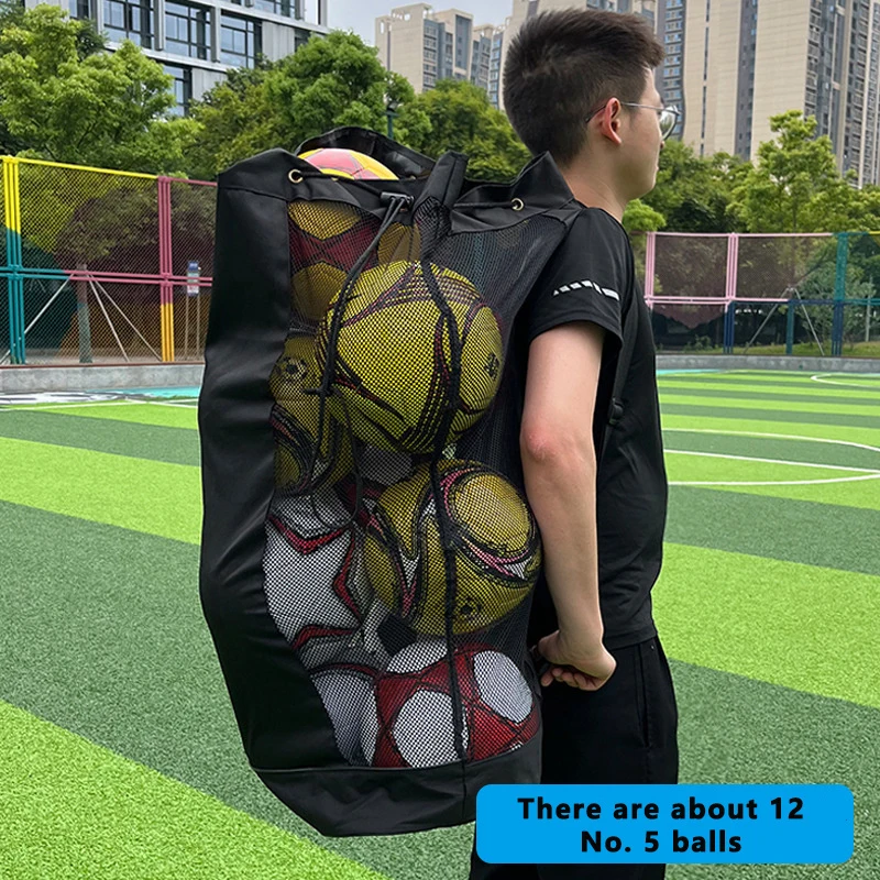 Large Mesh Ball Bag Drawstring Bag for Storage Soccer Basketball Volleyball Training Bags Black Sports Bag with Shoulder Straps