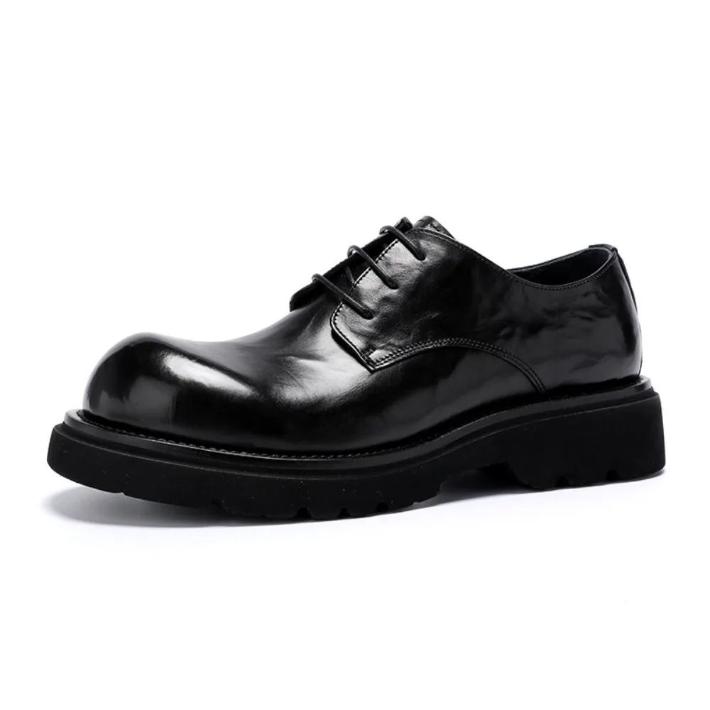 High Grade Hand Crinkled Cowhide Men Derby Shoes Summer Genuine Leather Thick Sole Breathable Casual Big Toe Dress Shoes