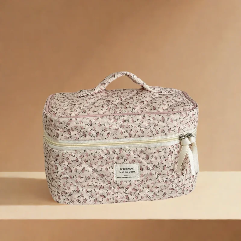 Bolso de almacenamiento de maquillaje para mujer con flor rosa Vintage, bolsa de maquillaje Orgainzer de viaje, bolsa acolchada de cosméticos de gran capacidad para mujer