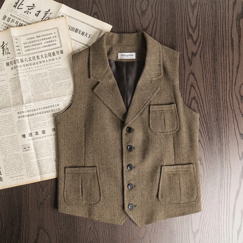 Autumn and Winter Retro Herringbone Vest Men's Suit Collar Vest Slim European and American Khaki Tweed Vest