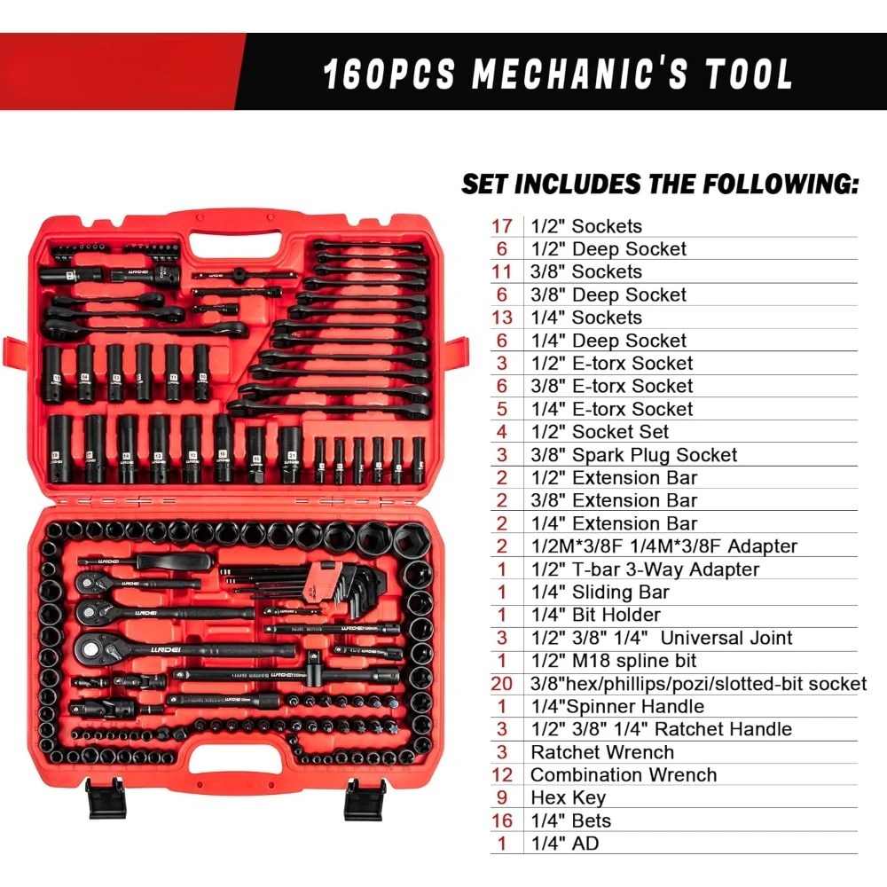 Set di strumenti meccanici da 160 pezzi, set di bussole SAE e metriche Kit di attrezzi professionali con azionamento da 1/2 1/4 3/8 pollici, CR-V profondo e poco profondo