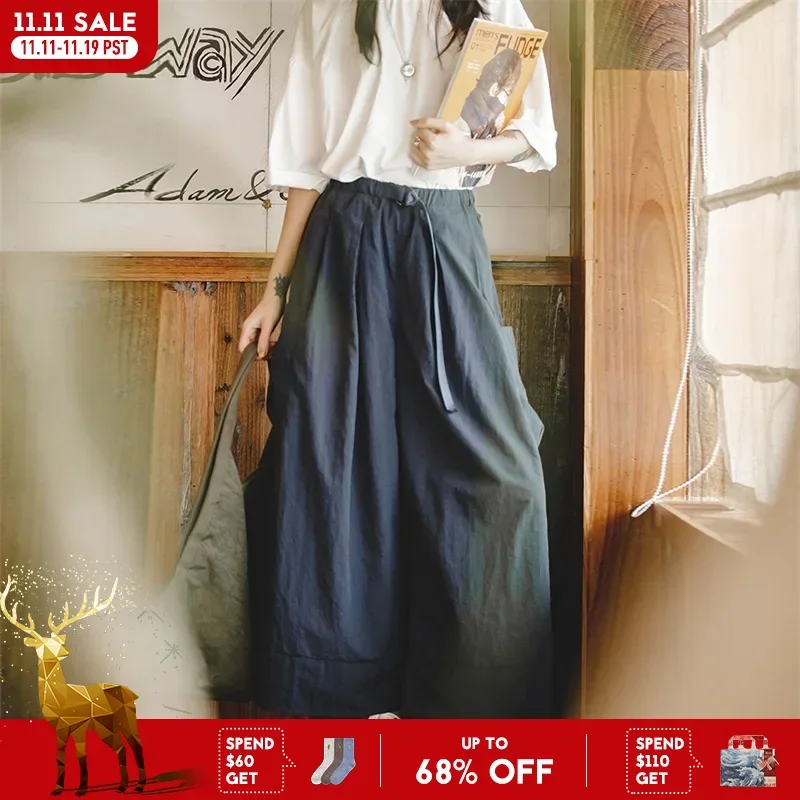 Maden Women's Lightweight Causal Work Pants A-line Navy Blue Mid-waist Loose Wide-leg Culottes Spring and Fall Versatile Pants