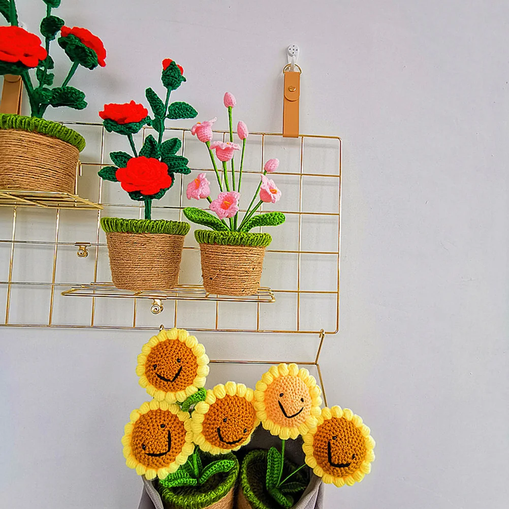

1pc Simulation Flowerpot Hand Knitted Wool Potted Flowers Pink Artificial Plant Decor For Home Office Indoor Garden Decoration