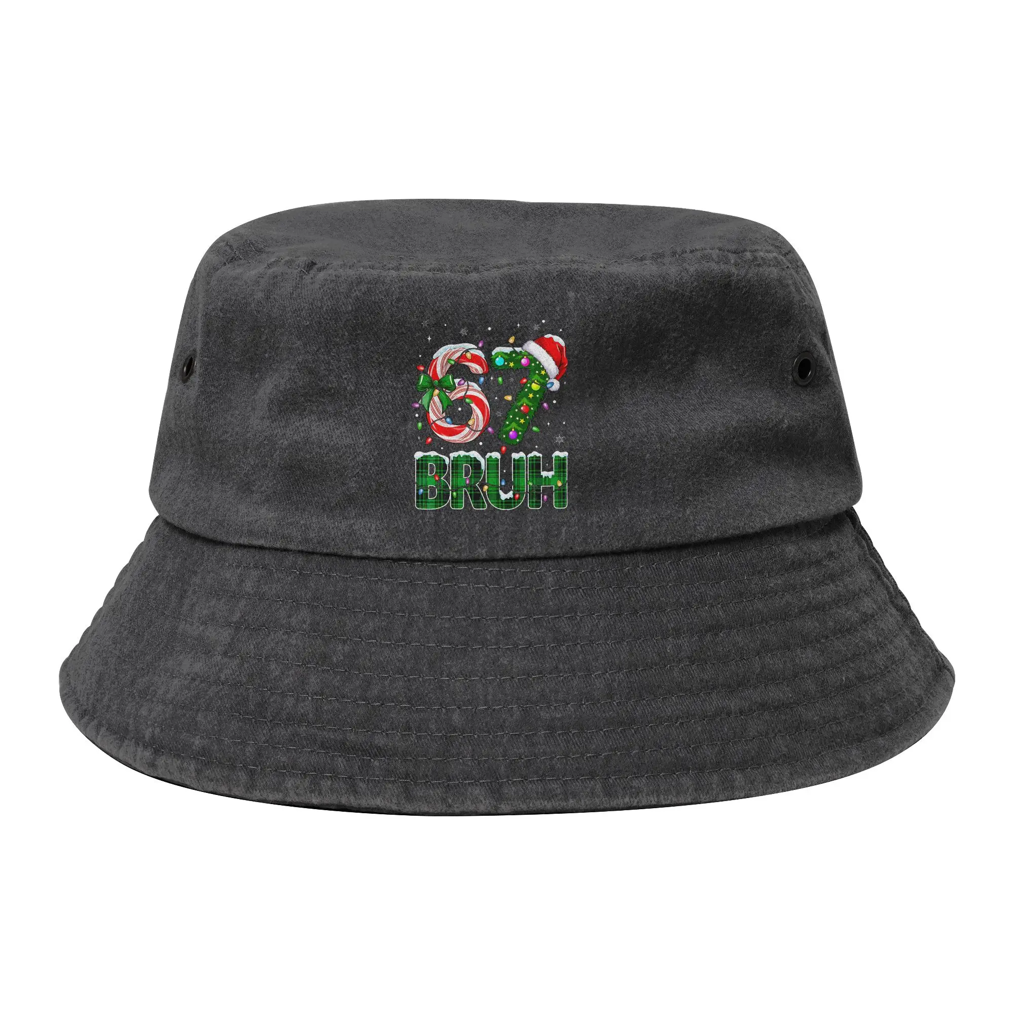 Unisex Distressed Washed Bucket Hat Bruh 67 Six Seven 6 7 Meme Vacation Fishing Hats Christmas Tree Candy Cane Bob Hat Gift Idea
