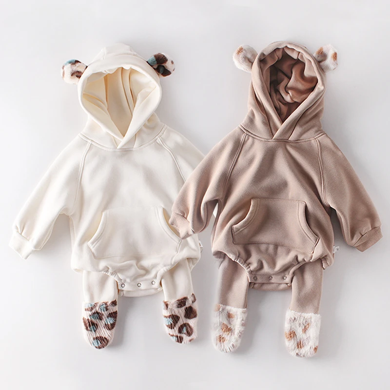 Baby clothes fall/winter boys plush ear sweatshirt romper girls baby newborn hooded one-piece romper jumper + fleece pants